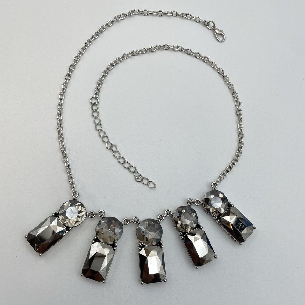 Silver Tone Black Gray Glass Rhinestone Bib Collar Necklace Fashion Statement